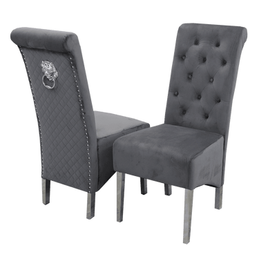 Emma Velvet Dining Chair With Chrome Lion Knocker, Buttoned Scroll Top, Quilted Back - UK Luxury Furniture